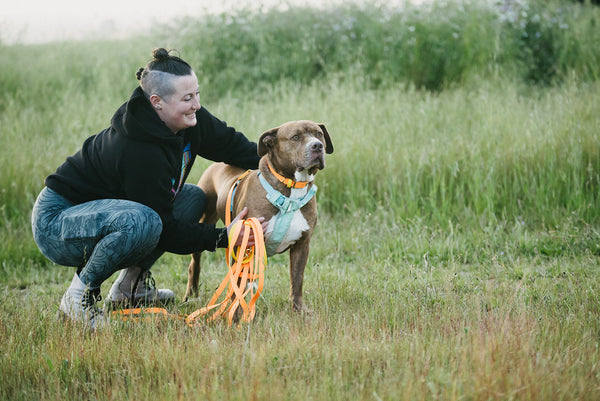 woman with dark hair kneeling next to brown down wearing an orange biothane collar and orange long line in a grassy field