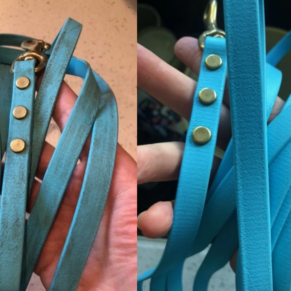 side by side comparison of a dirty biothane leash vs a clean biothane leash