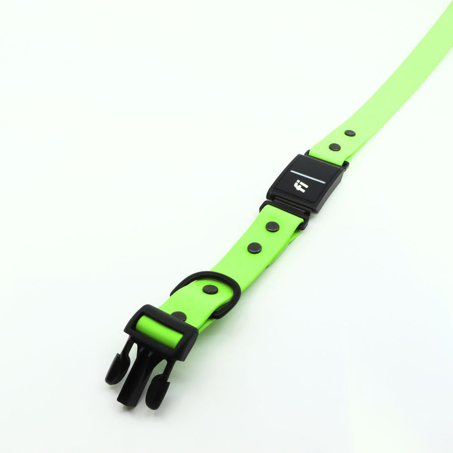 lime green Biothane dog collar for the Fi Series 3 in the Sport Integrated Design laying flat