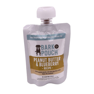 White and blue and tan Bark Pouch dog treat in Peanut Butter & Blueberry recipe