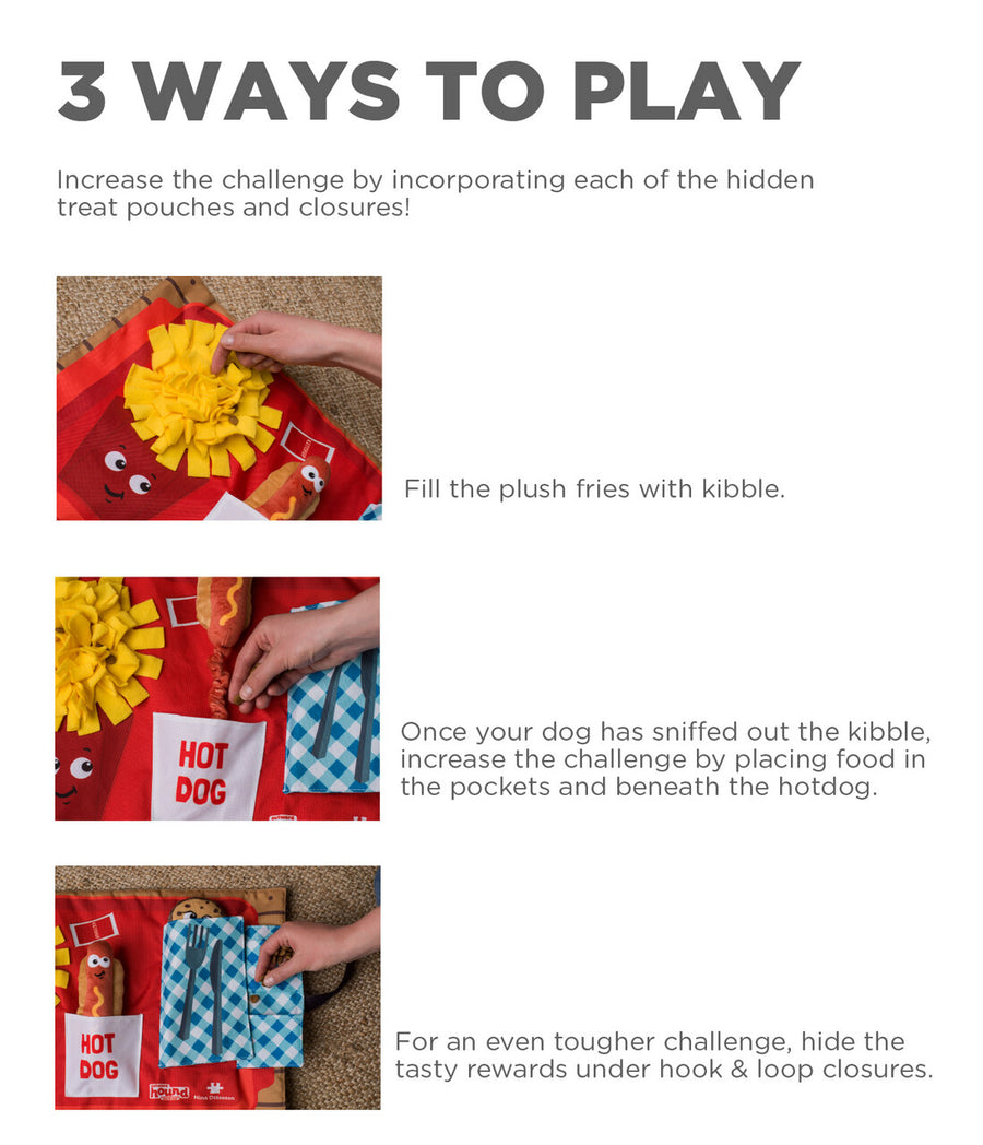 plush dog puzzle mat with french fries, hotdog and napkin on the front in red, yellow and blue 3 ways to play instructions