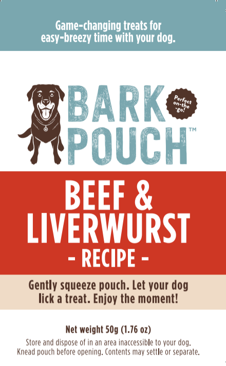 Zoomed label of the Bark Pouch Beef & Liverwurst Recipe - game changing treats for easy-breezy time with your dog