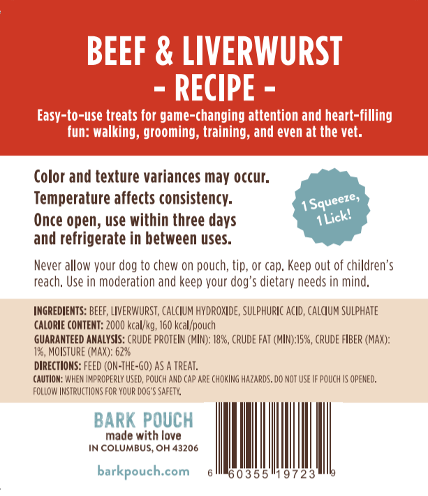 back label of the Beef & Liverwurst Recipe stating the color and texture variances may occur. Easy to use treats for game changing attention and heart-filling fun; walking, grooming, training , and even at the vet.
