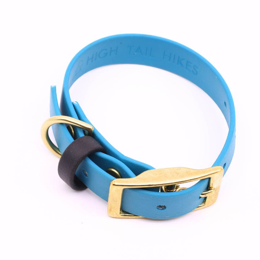 ocean blue biothane dog collar with black keeper strap and brass hardware on white background