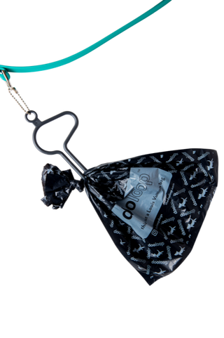 charcoal dooloop with doo bag hanging from leash