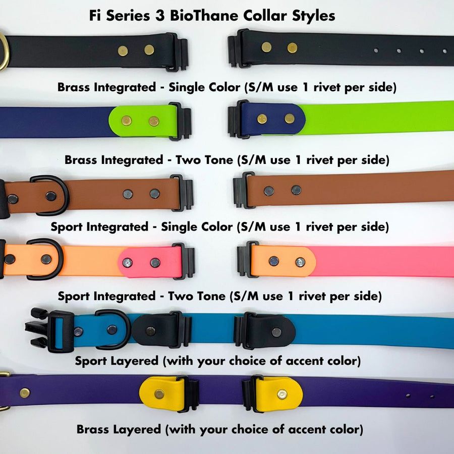 graphic showing the options of the Fi Series 3 Biothane Collar Styles