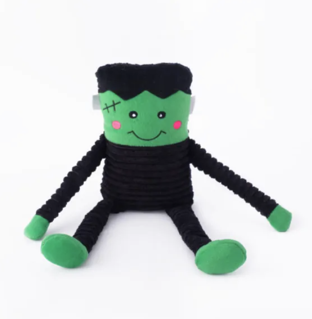 green and black frankenstein plush dog toy with crinkle body and squeeker