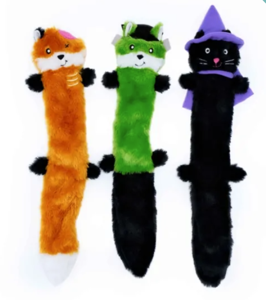 three halloween skinny peltz dog toys, Brown Fox, Green Monster, and Black Cat