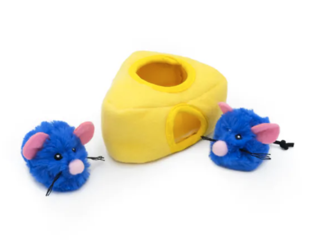 plush burrow toy yellow cheese and two blue mice for cats burrowing fun