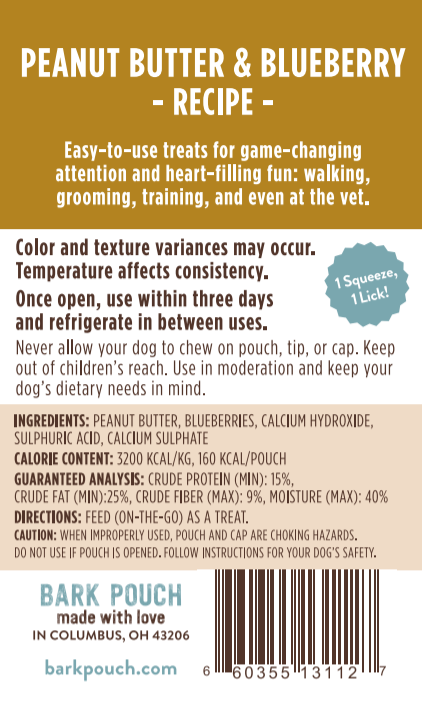back of the bark pouch label in peanut butter & blueberry recipe dog treat