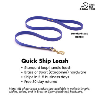 Blueberry BioThane dog leash with brass clip on a white background with key features outlined