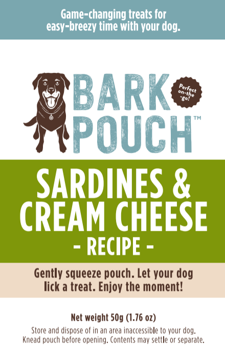 zoomed in on the tan, white and green label of the Bark Pouch dog treat in Sardines & Cream cheese recipe