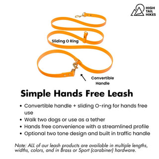 Poppy BioThane leash with convertible handle and sliding O-ring on a white background with key features outlined