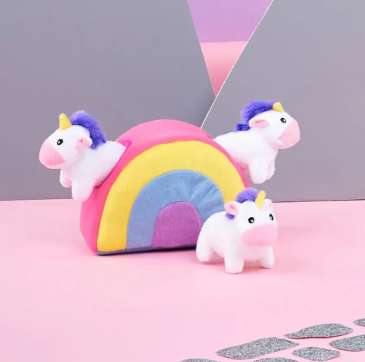 rainbow burrow dog toy with three unicorns