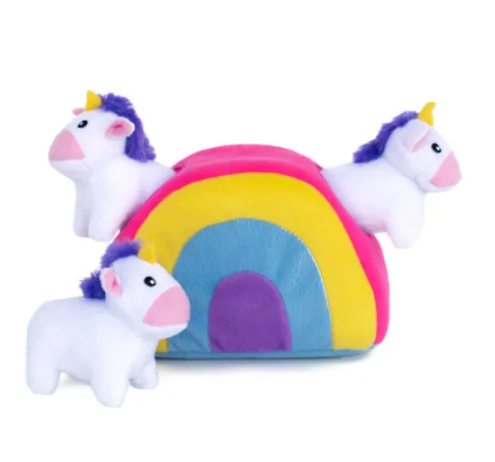 rainbow burrow dog toy with three unicorns