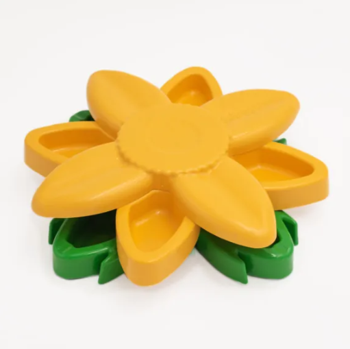 yellow and green sunflower dog puzzler food and treat dispenser