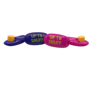 two up to snuff clickers, one blue and green the other is pink and yellow