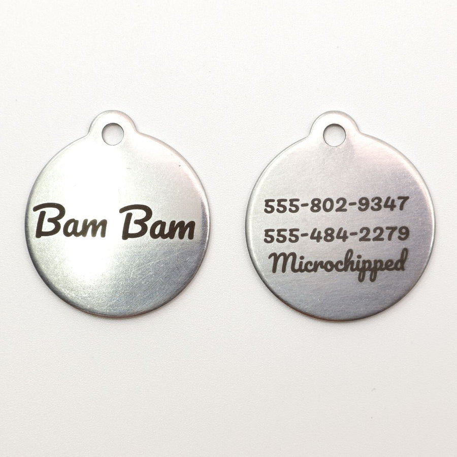 front and back of silver classic dog ID tags