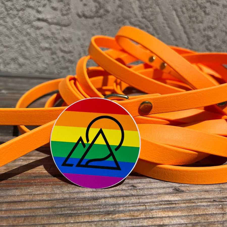 round pride and joy colored sticker with black high tail hikes logo leaning on orange biothane leash