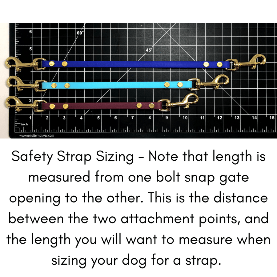 ruler mat showing the three sizes of biothane safety straps with brass hardware with a note about sizing