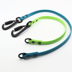 two sport biothane leash extenders with black hardware on a white background