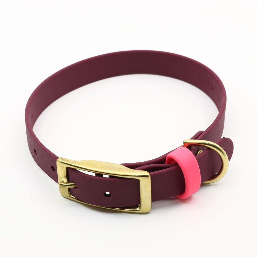 plum biothane collar with flamingo accents and brass hardware
