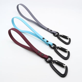 side view of biothane sport traffic handles in granite, sky blue and blue