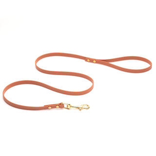 brown biothane dog leash with brass hardware on white background