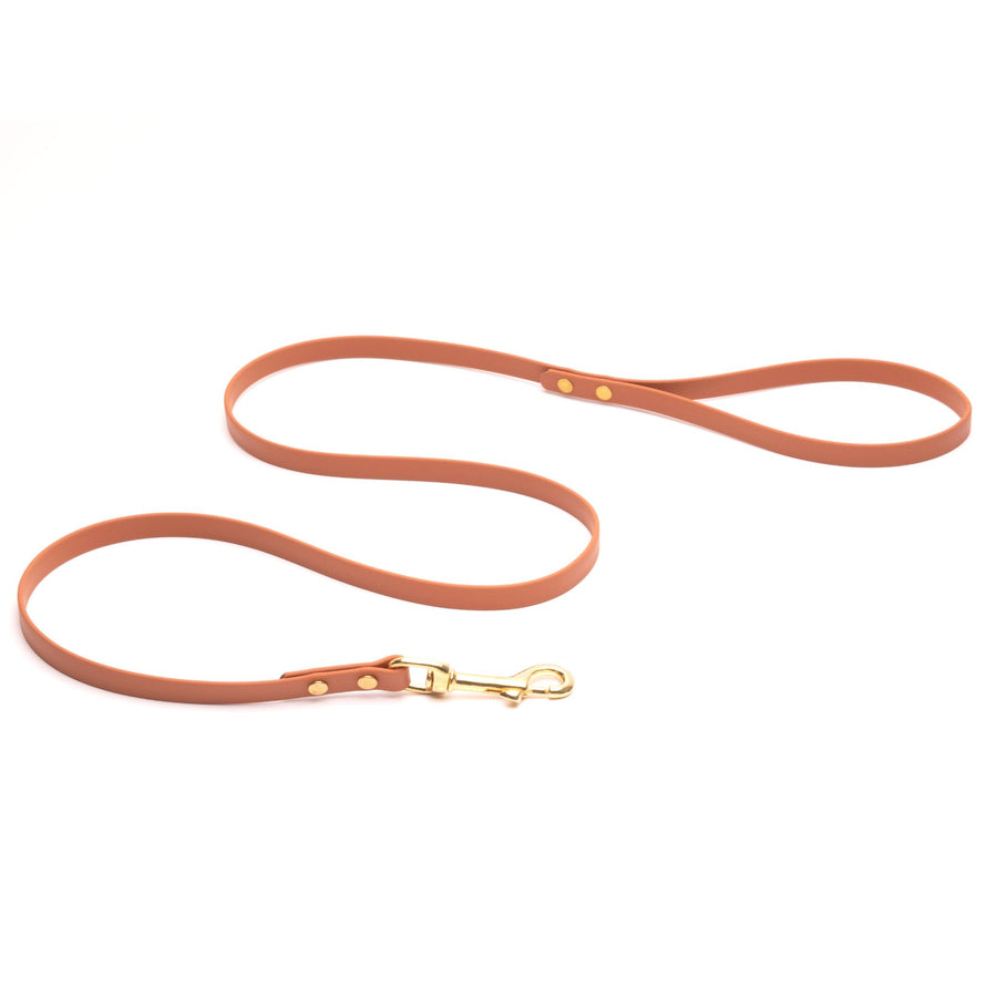 brown biothane dog leash with brass hardware on white background