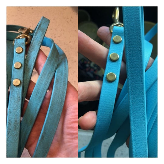 side by side comparison of a dirty biothane leash vs a clean biothane leash