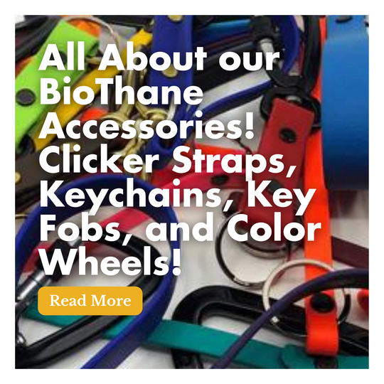 All About our BioThane Accessories! Clicker Straps, Keychains, Key Fobs, and Color Wheels!