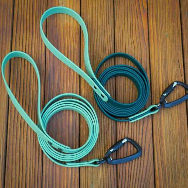 two biothane leashes coiled next to each other on a wood surface. One is light teal color, the other is light teal handle and trim with a darker teal for the body of the leash