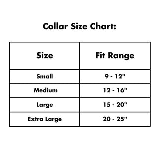 Collar size chart with size categories and fit ranges on a white background