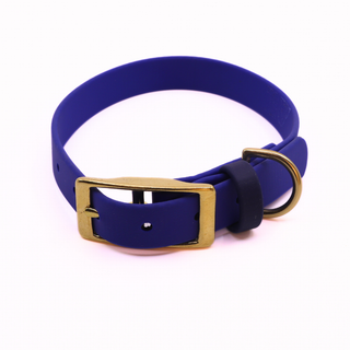 Pre Made Classic Brass Collar - 3/4" Width - Medium (Fits 12-16") - Blueberry with Midnight Strap Keeper