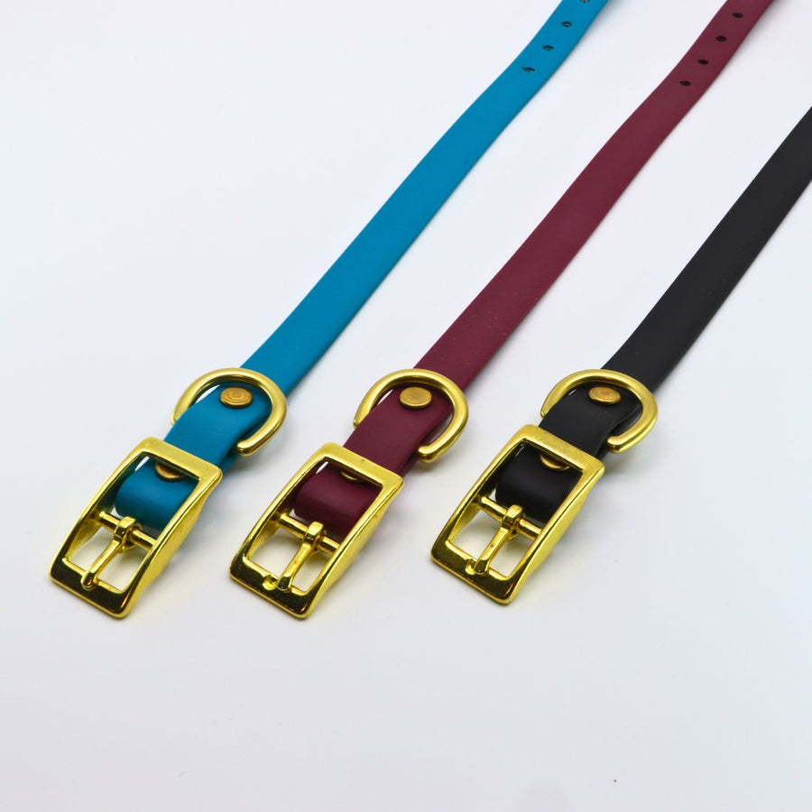 three small briothane collars for small dogs with brass hardware