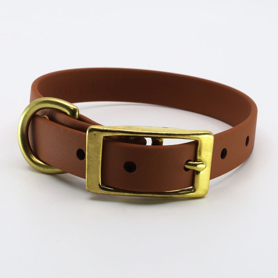 small brown classic biothane collar for small dogs with brass hardware