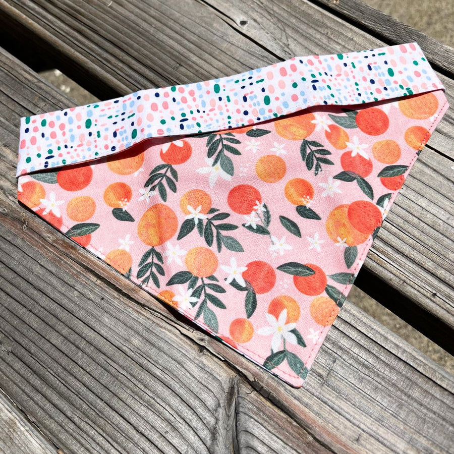 Misty made this dog bandana in peaches and cream print on a bench
