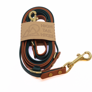 Pre Made Multiway Hands Free Leash - Brass - Medium (1/2") - 7 ft - Forest Green with Caramel with Short Traffic Handle at Base **Non-Standard Length