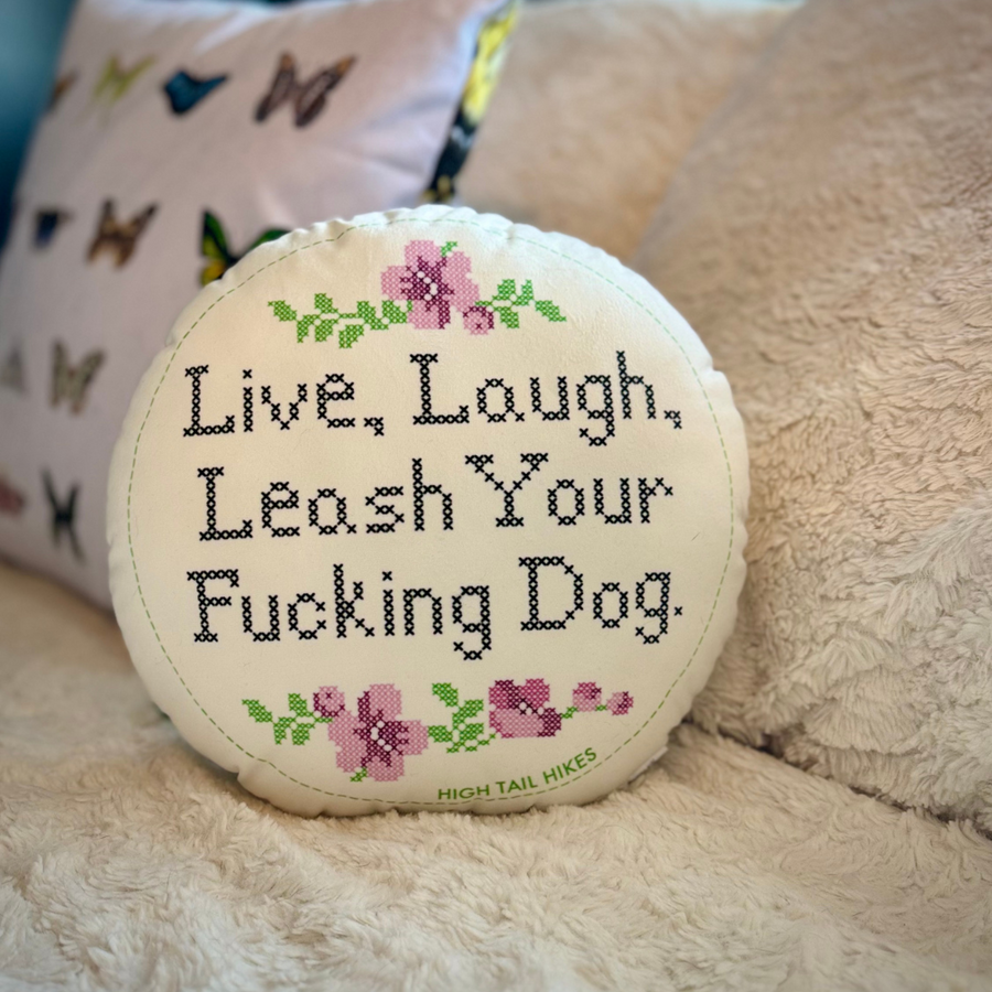 Live Laugh Leash Cross Stitch Round Throw Pillow - 10" and 16"