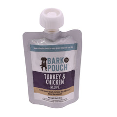 A Bark Pouch dog treat squeeze pouch in turkey and chicken flavor