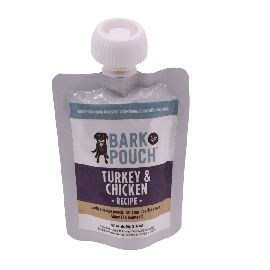 A Bark Pouch dog treat squeeze pouch in turkey and cranberry flavor. 