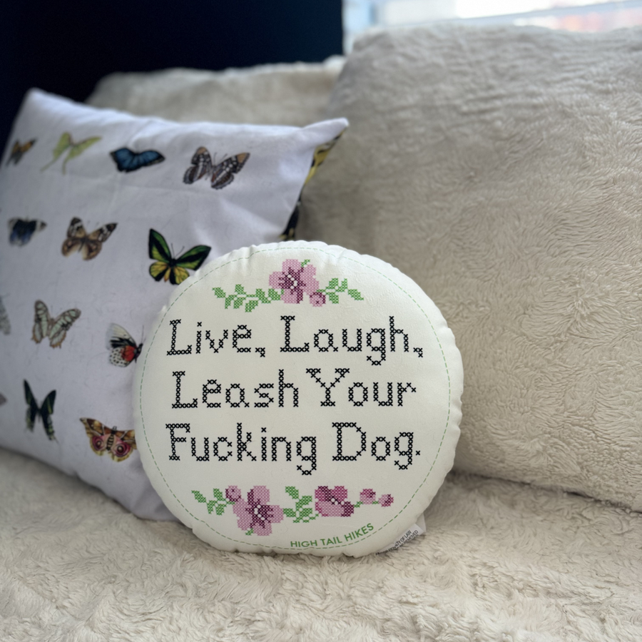 Live Laugh Leash Cross Stitch Round Throw Pillow - 10" and 16"