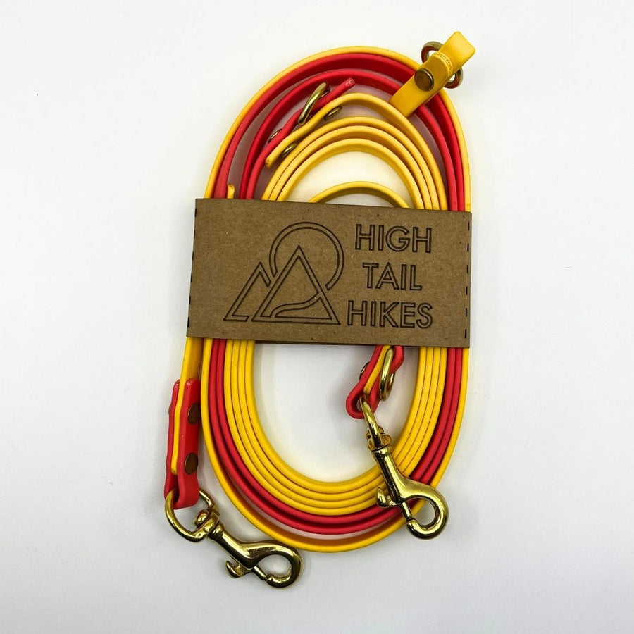 Pre Made Brass Hands Free + Convertible Leash - Small (3/8") - 9ft - Goldenrod w/ Coral Accents