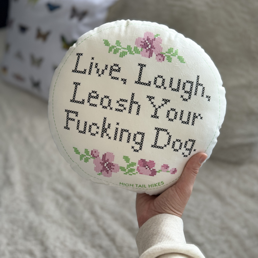 Live Laugh Leash Cross Stitch Round Throw Pillow - 10" and 16"