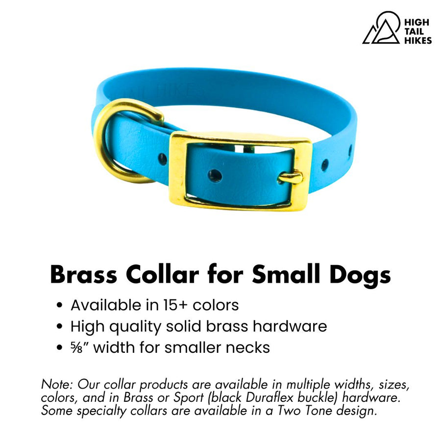 Blue brass collar for small dogs with product details on a white background