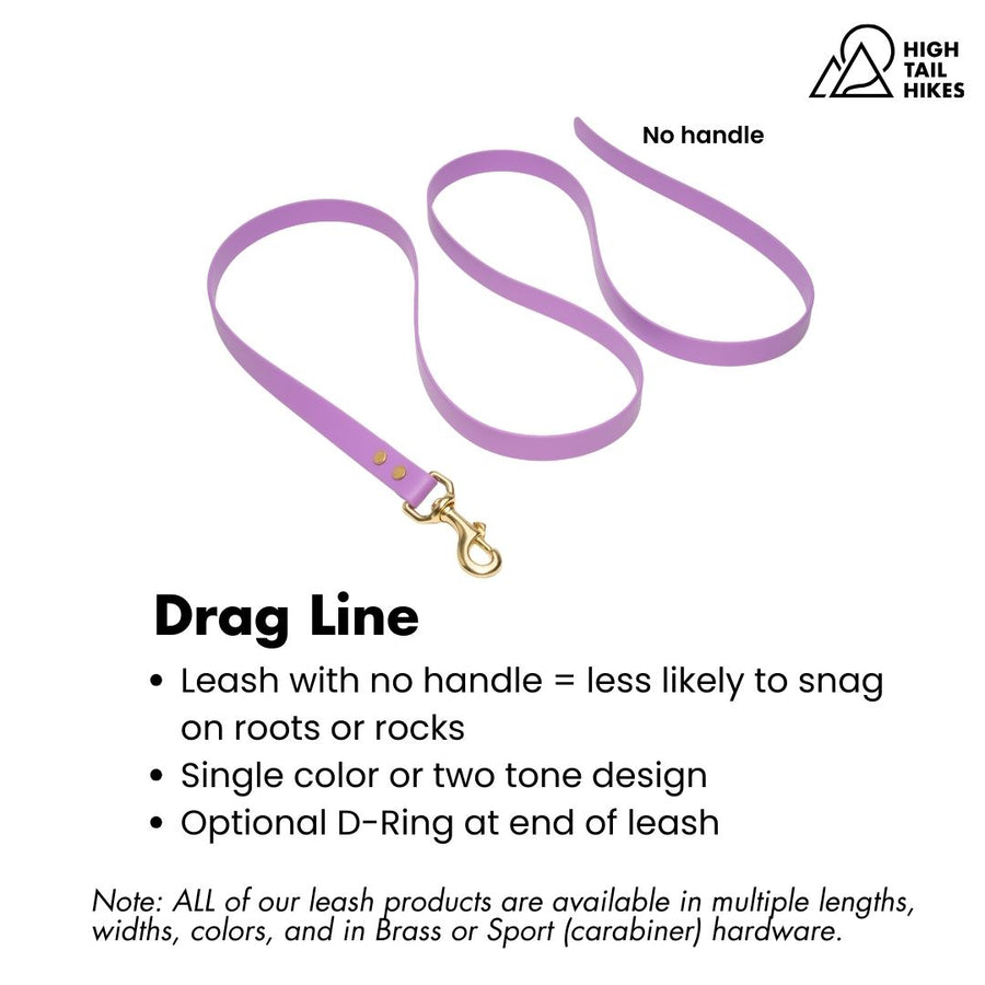 Purple leash with no handle on a white background, with key features outlined