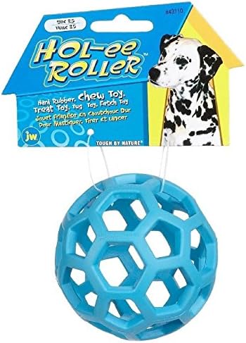 Blue rubber treat ball dispenser on white background hanging from product tag