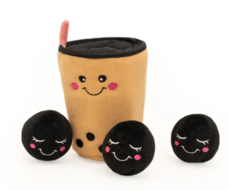 plush burrowing dog toy with boba milk tea and three boba's