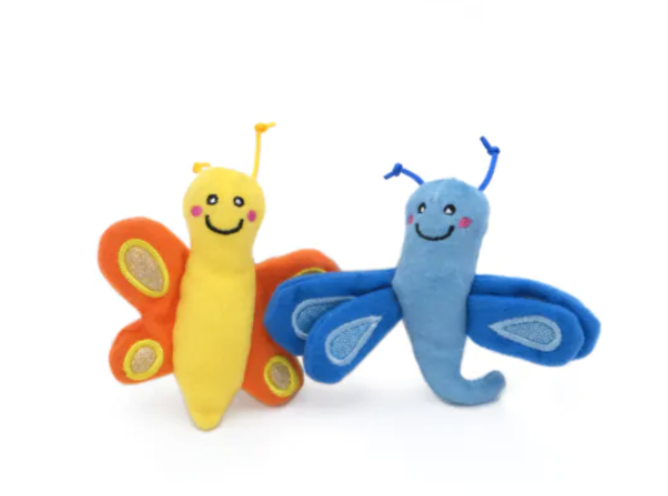 Two butterfly cat toys - one yellow and orange and one dark blue and light blue