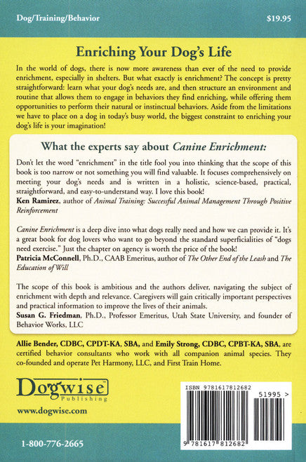 back of a photo of the book "canine enrichment for the real world" with a description of the book